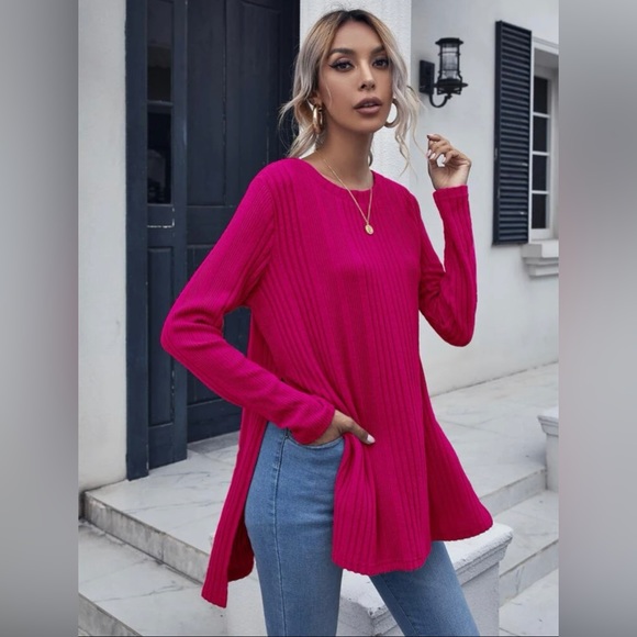 (2 for $10) Split Hem Rib-Knit Longline Top - Picture 1 of 6